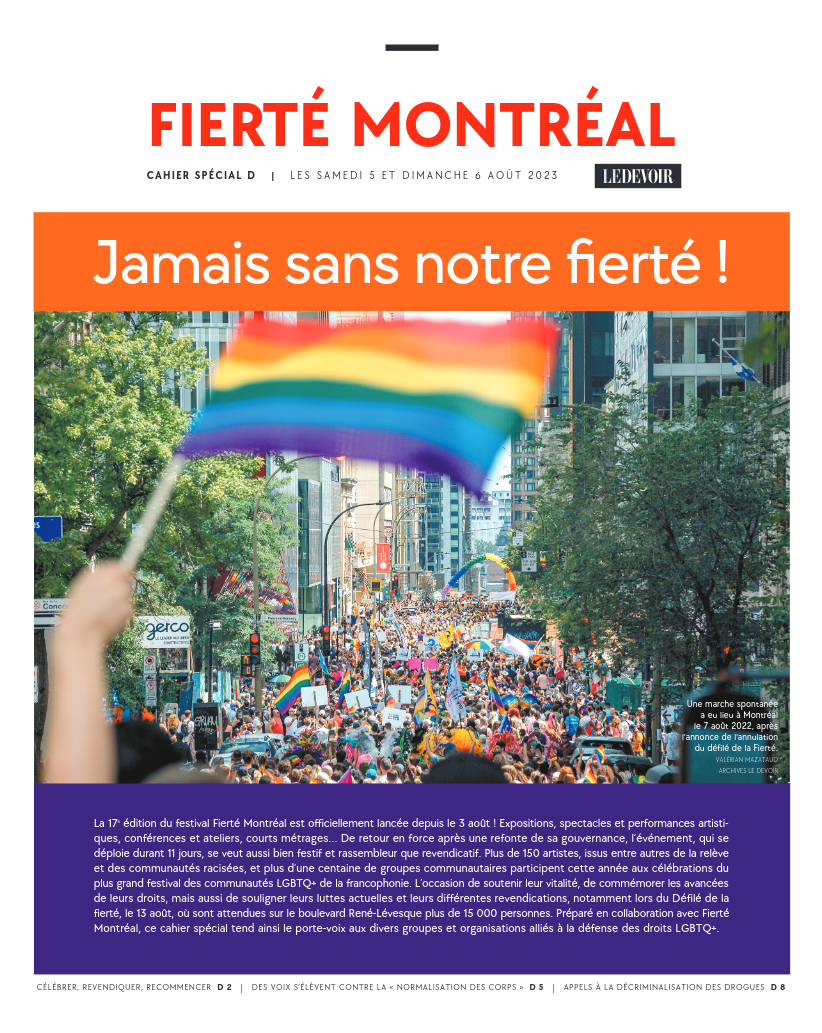 Capture d'écran de la page titre du cahier spécial Fierté Montréal du Devoir.