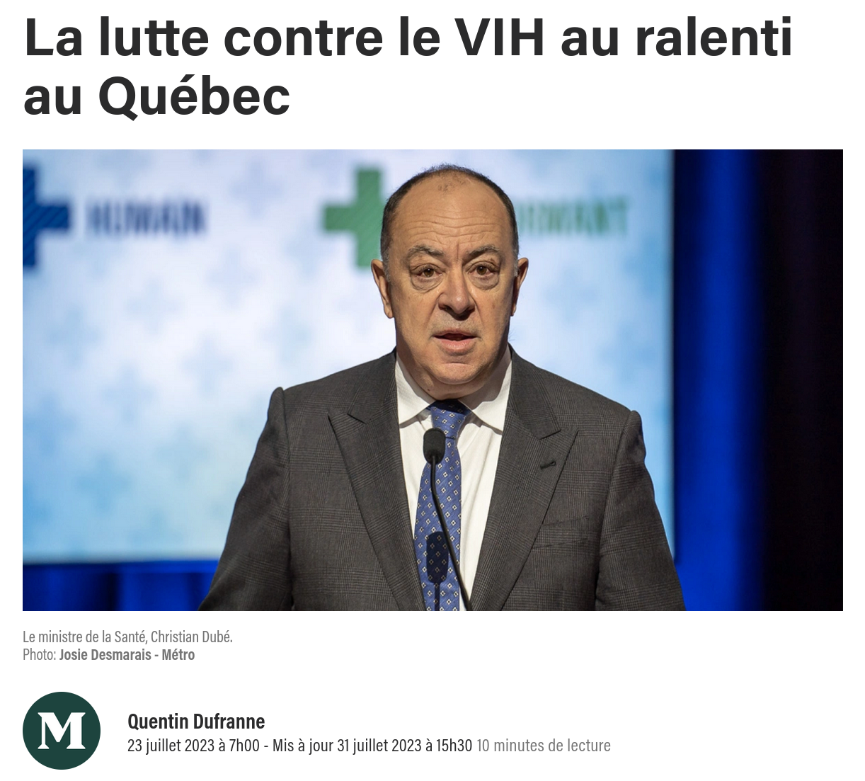 Capture d'écran de l'article La lutte contre le VIH au ralenti au Québec.